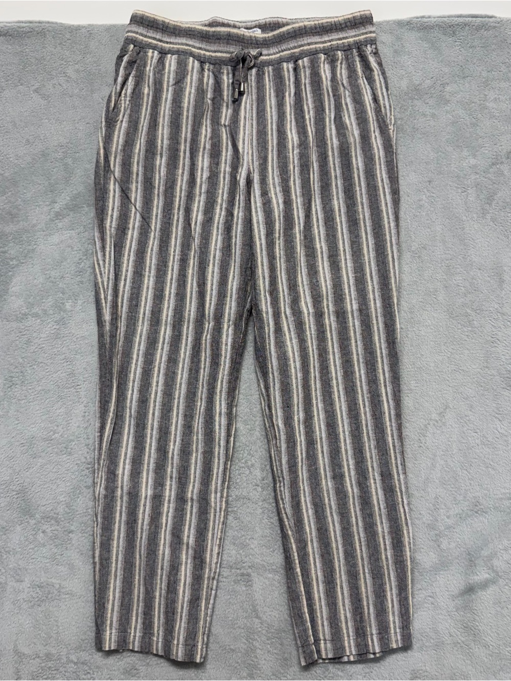 Carbon2Cobalt Womens L Linen Cotton Pants Striped Coastal Boho Effortlessly Cool